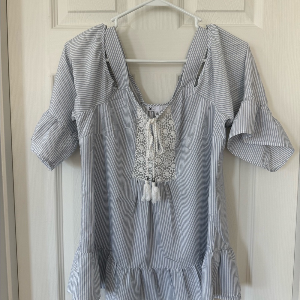 DR2 Blue Flutter Sleeve Blouse with Tie Front
